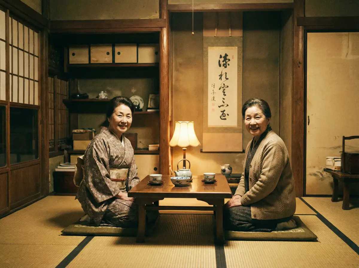 两位优雅的 车震社区最新创作与精选视频 在日式茶室中品茶交谈